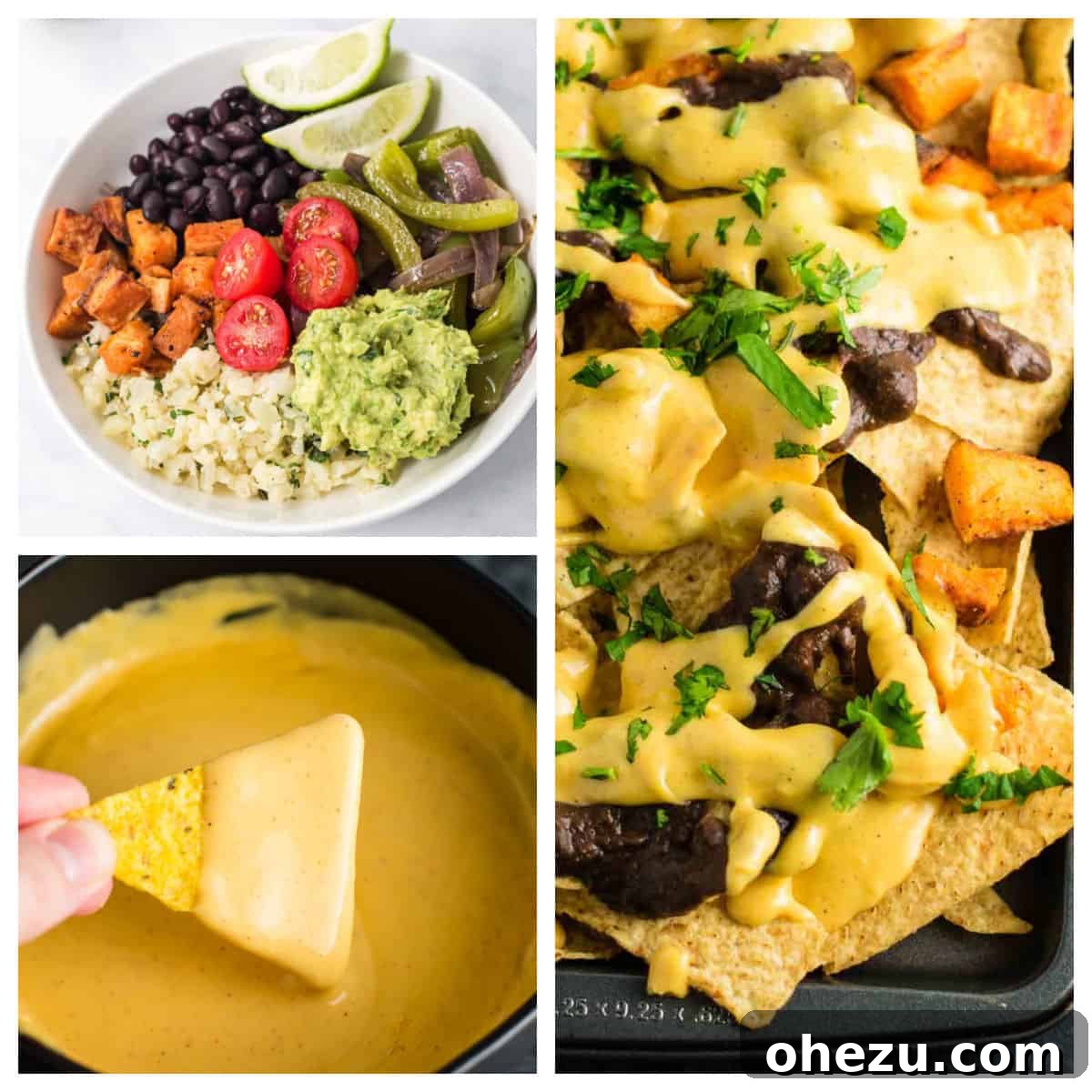 Plant-Powered Perfection 8 A vibrant collage displaying a healthy burrito bowl, a rich nacho cheese sauce, and a tempting sheet pan of loaded veggie nachos, perfect for a plant-based feast.
