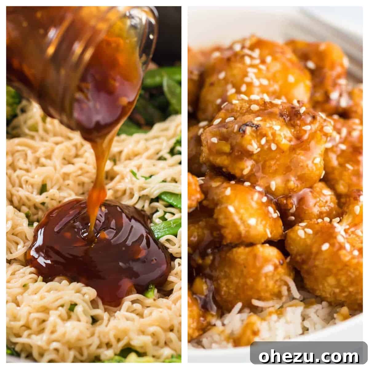 Plant-Powered Perfection 10 A culinary collage featuring a rich, glossy teriyaki sauce and vibrant, crispy orange cauliflower, highlighting delicious homemade Asian-inspired vegetarian options.