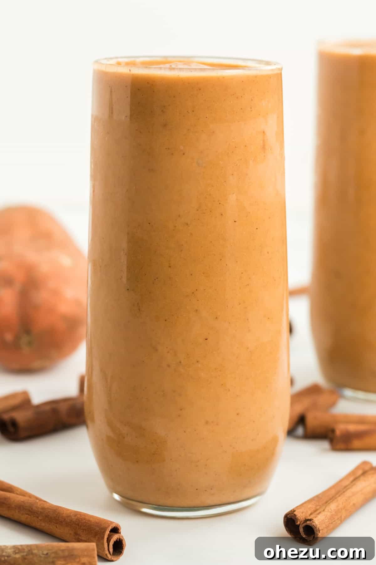 Wholesome Sweet Potato Bliss 10 tall glass filled with sweet potato smoothie