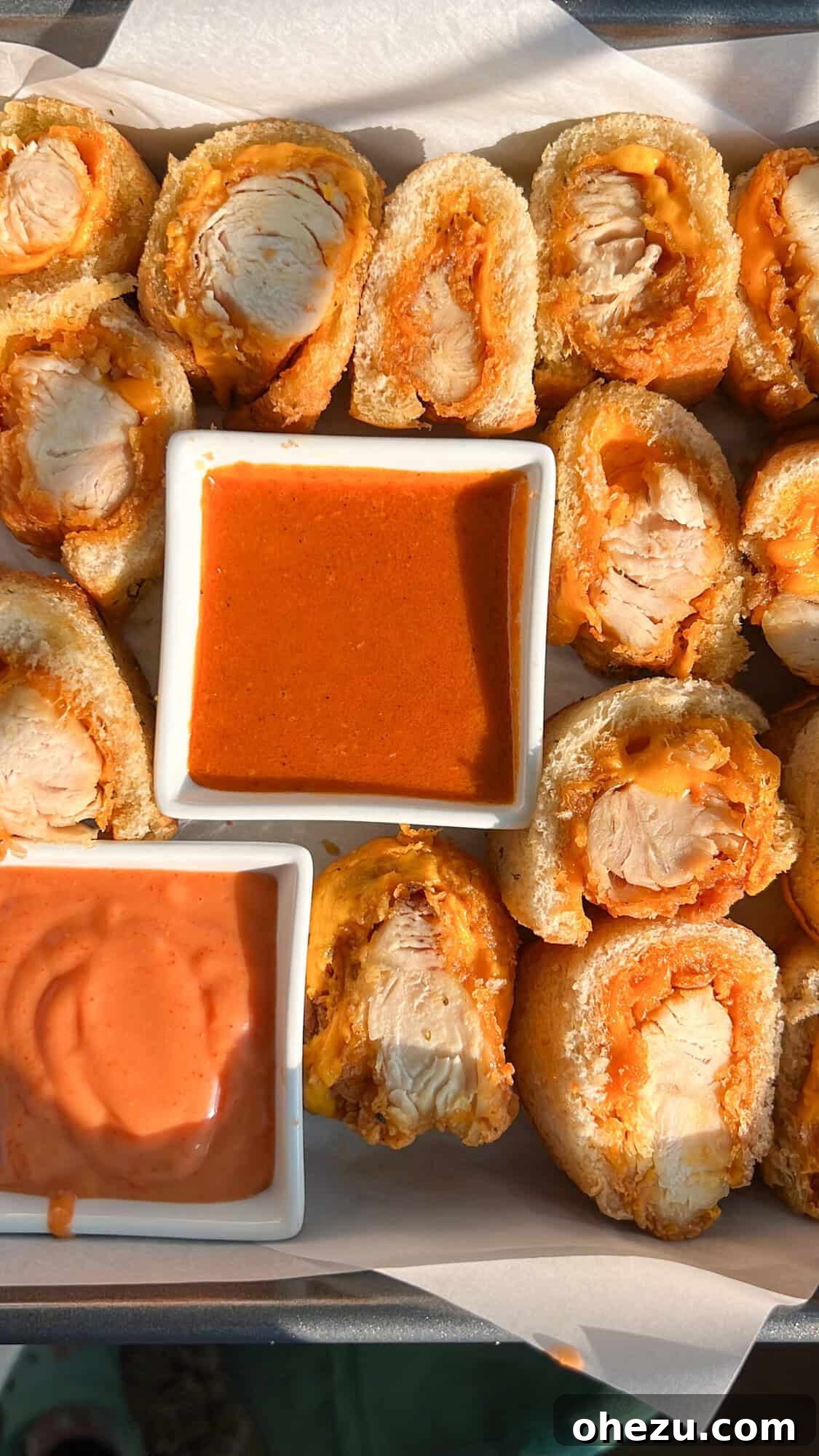 Crispy Chicken Grilled Cheese Bites with homemade dipping sauce