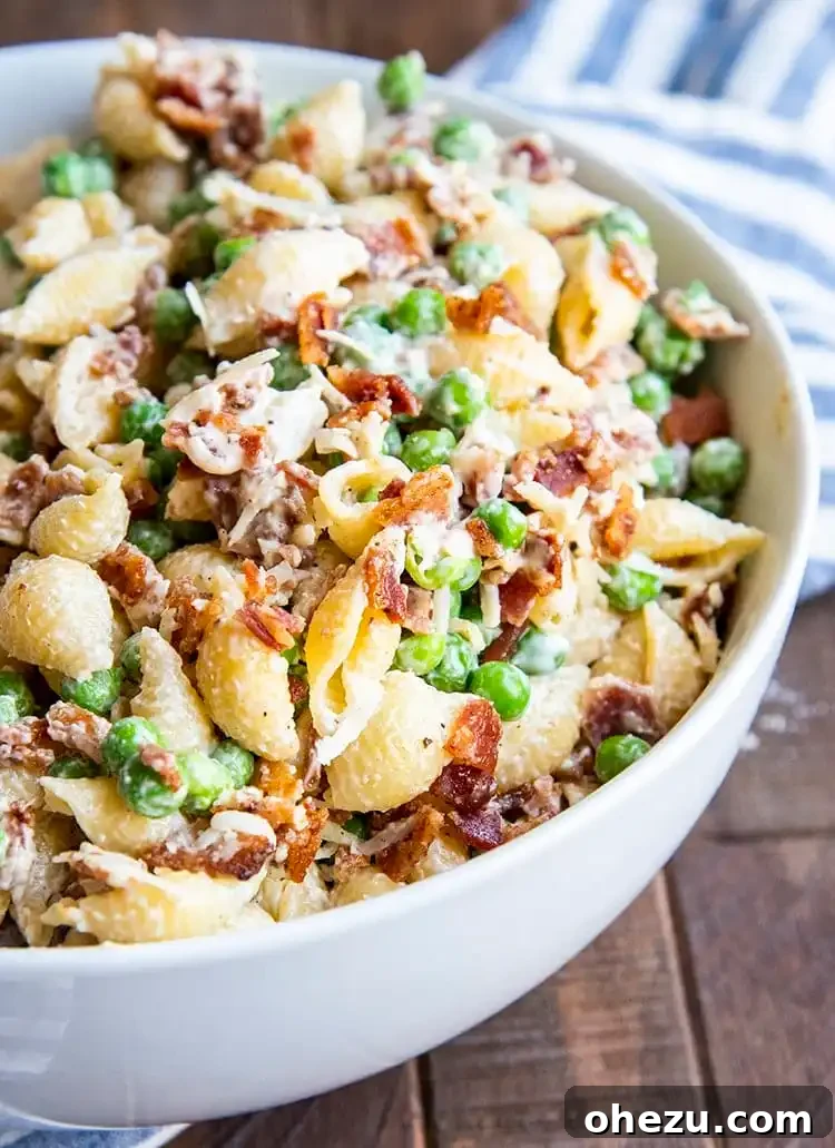 Old School Creamy Pasta Salad with Bacon, Peas, and a rich dressing