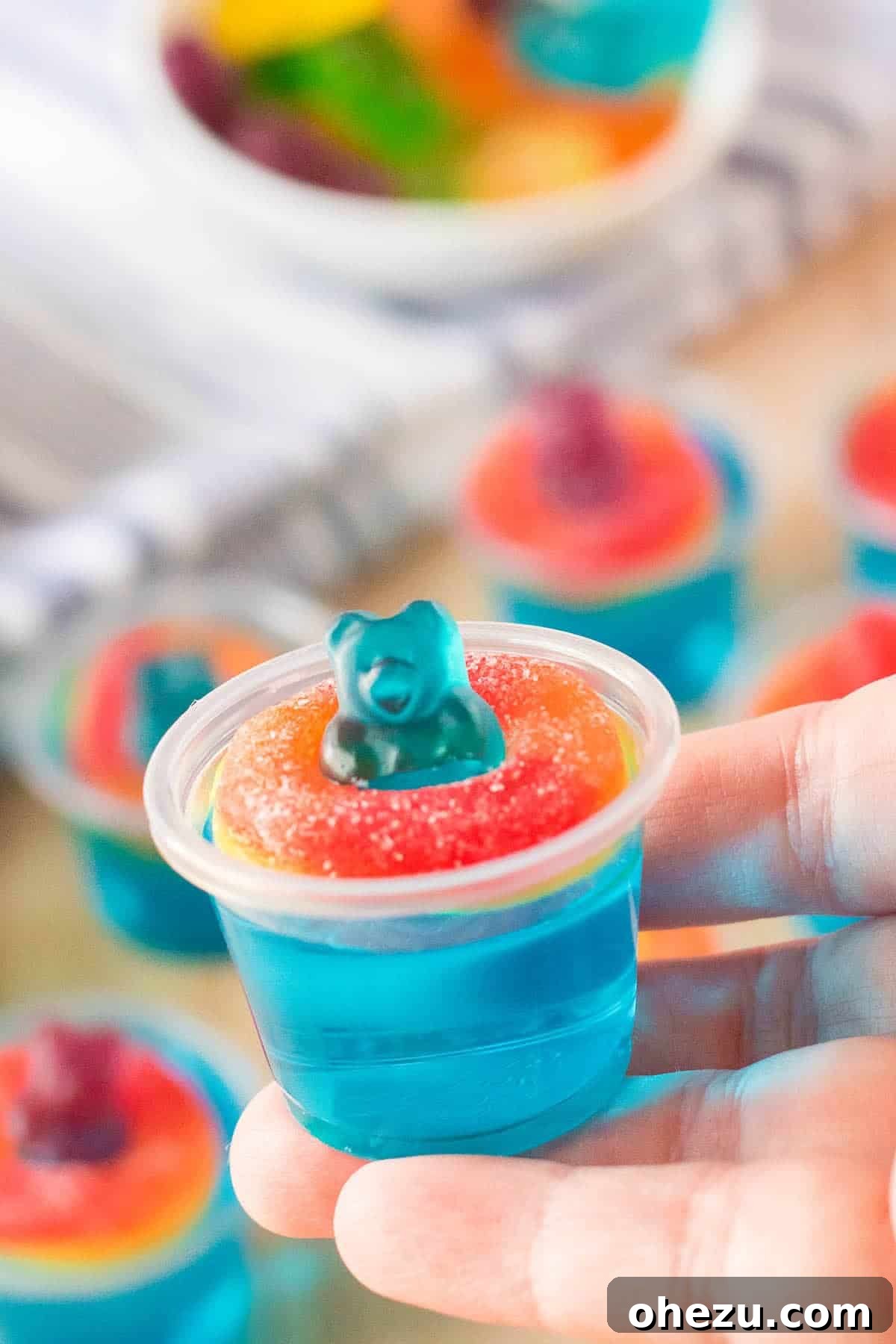Pool Party Jello Shots with gummy candies, fun adult treat
