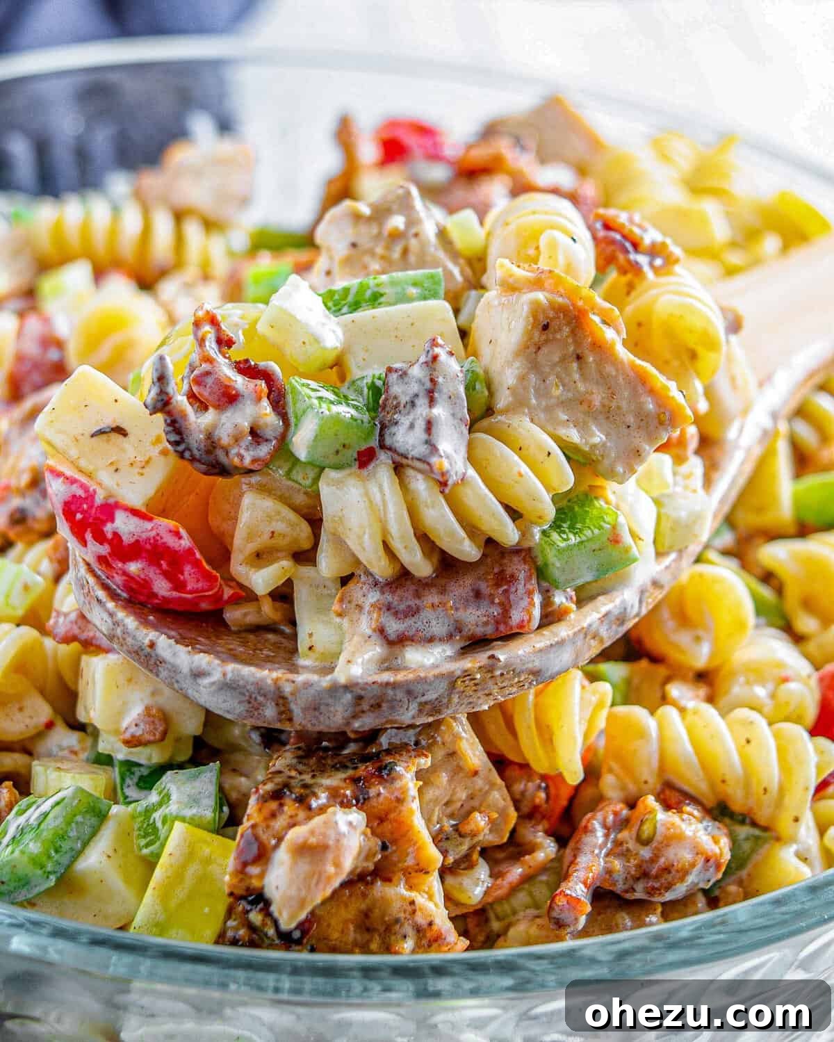 Chicken Club Pasta Salad with Bacon, chicken, and fresh vegetables