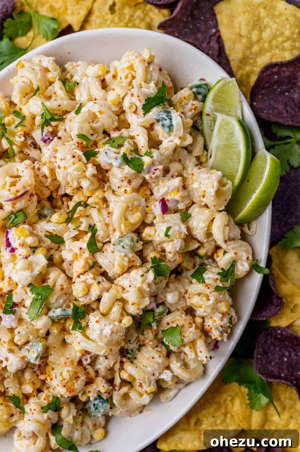 Mexican Street Corn Pasta Salad with roasted corn and Cotija cheese