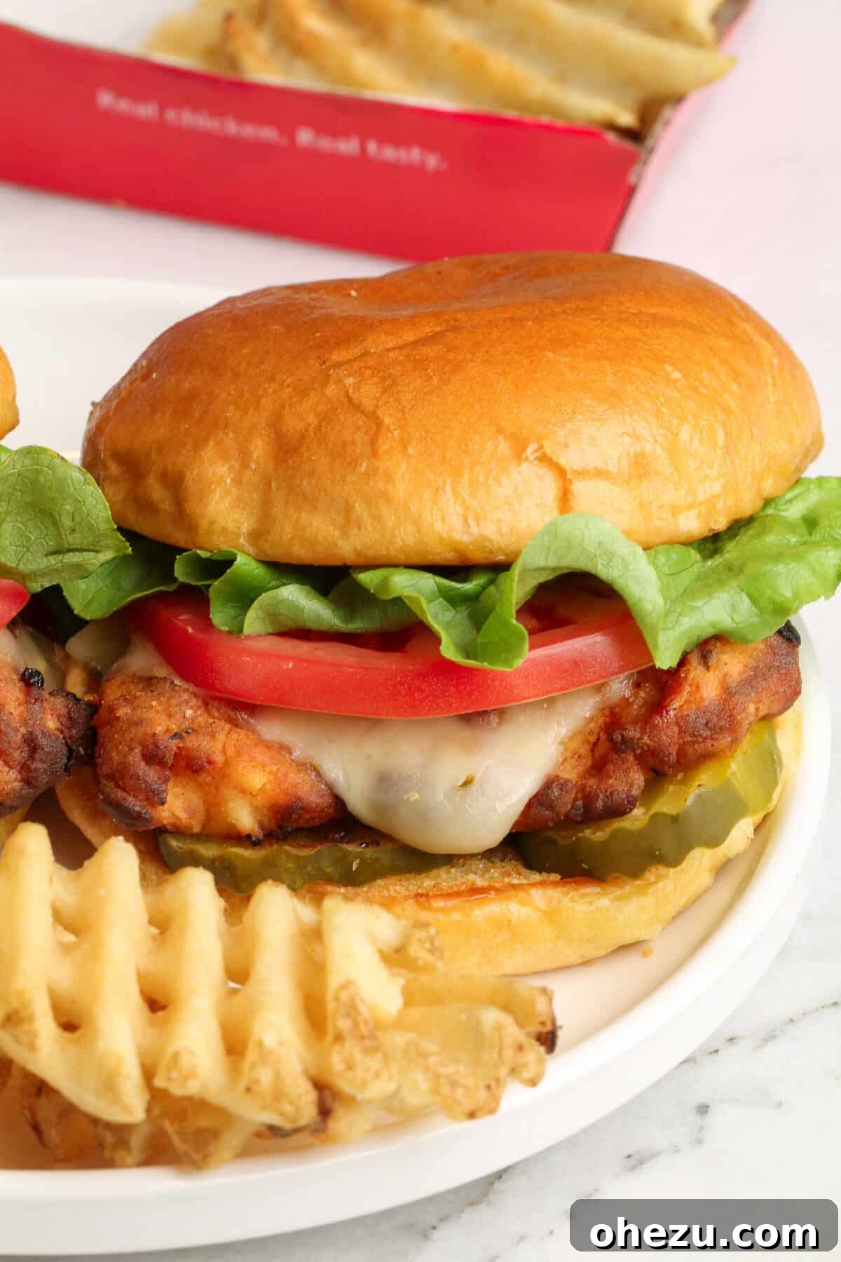 Air Fryer Spicy Chick-fil-A Copycat Sandwich 3 close-up of spicy chick fil a sandwich recipe with golden crispy chicken