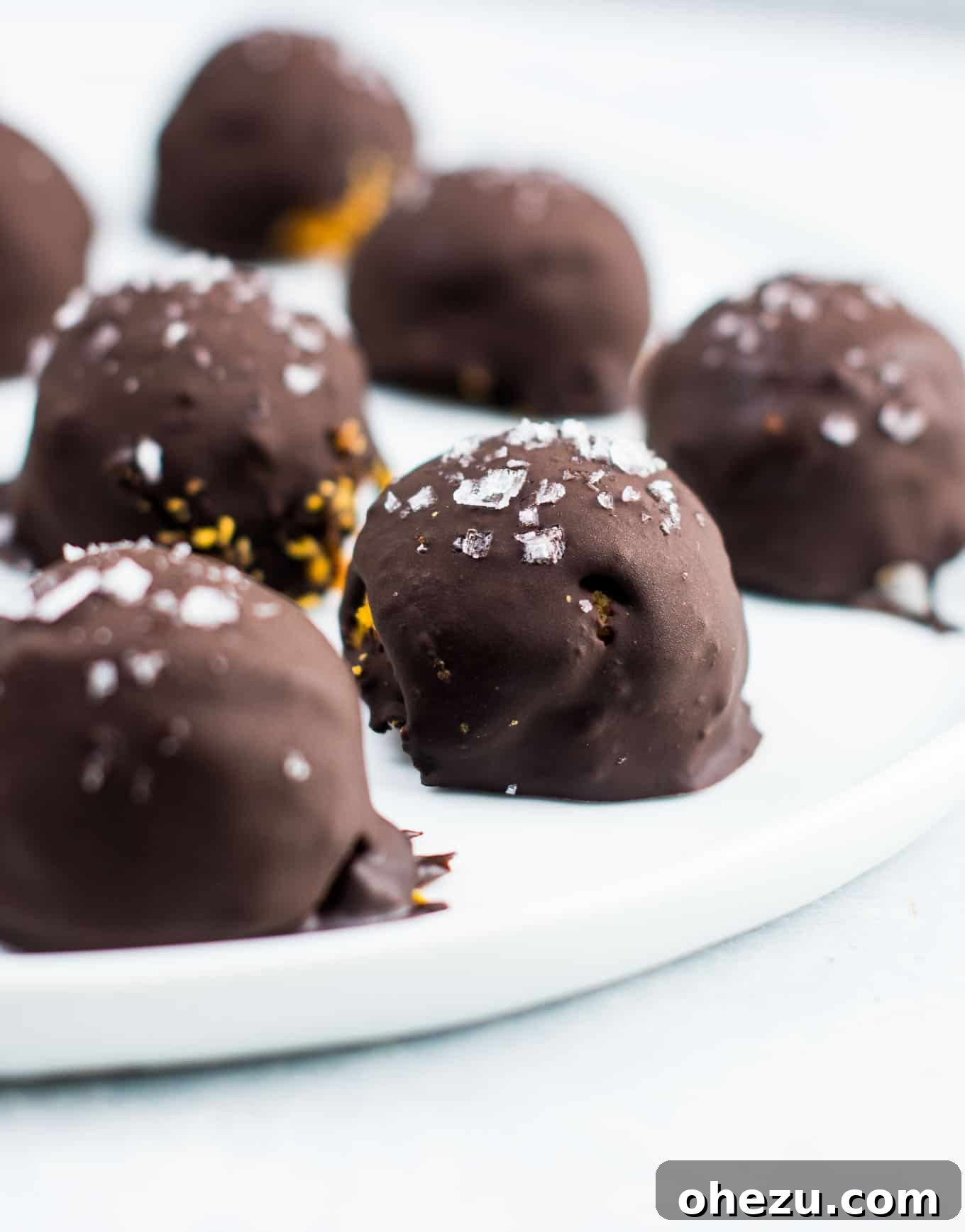 Close-up of three dark chocolate pumpkin truffles on a white plate, showcasing their perfect round shape and sea salt topping.
