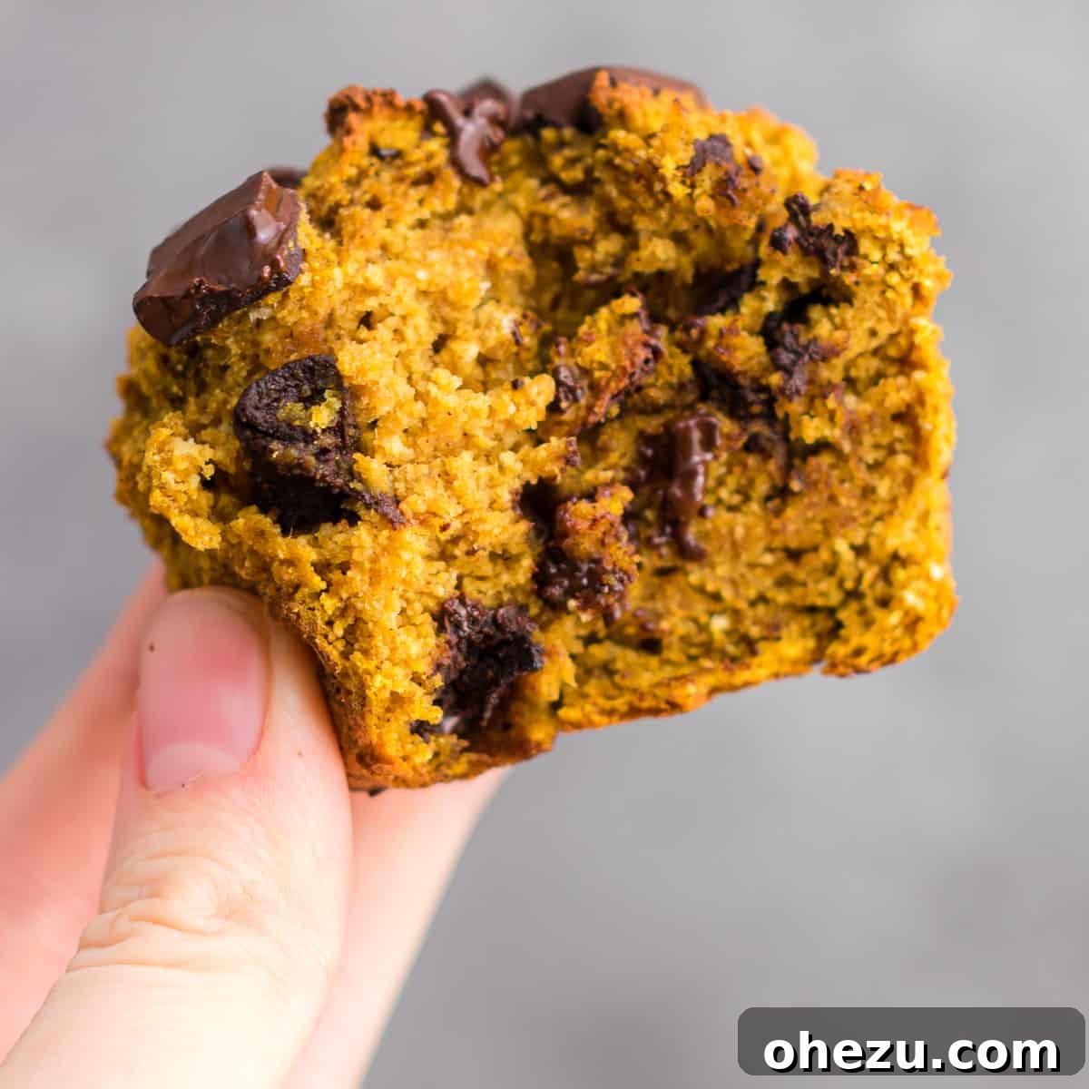 Wholesome Gluten-Free Pumpkin Muffins 2 A hand holding a perfectly baked gluten-free pumpkin muffin, showcasing its golden-brown top and moist interior.