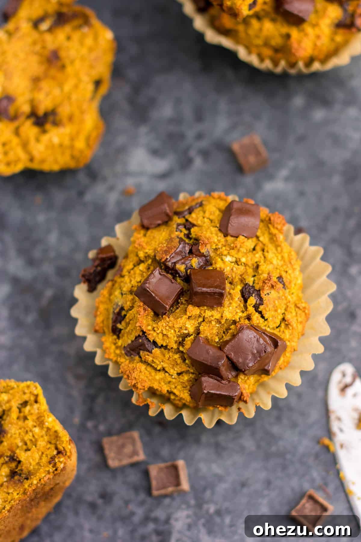 Wholesome Gluten-Free Pumpkin Muffins 4 Close-up of a gluten-free pumpkin muffin with melted chocolate chunks, indicating its delightful texture.