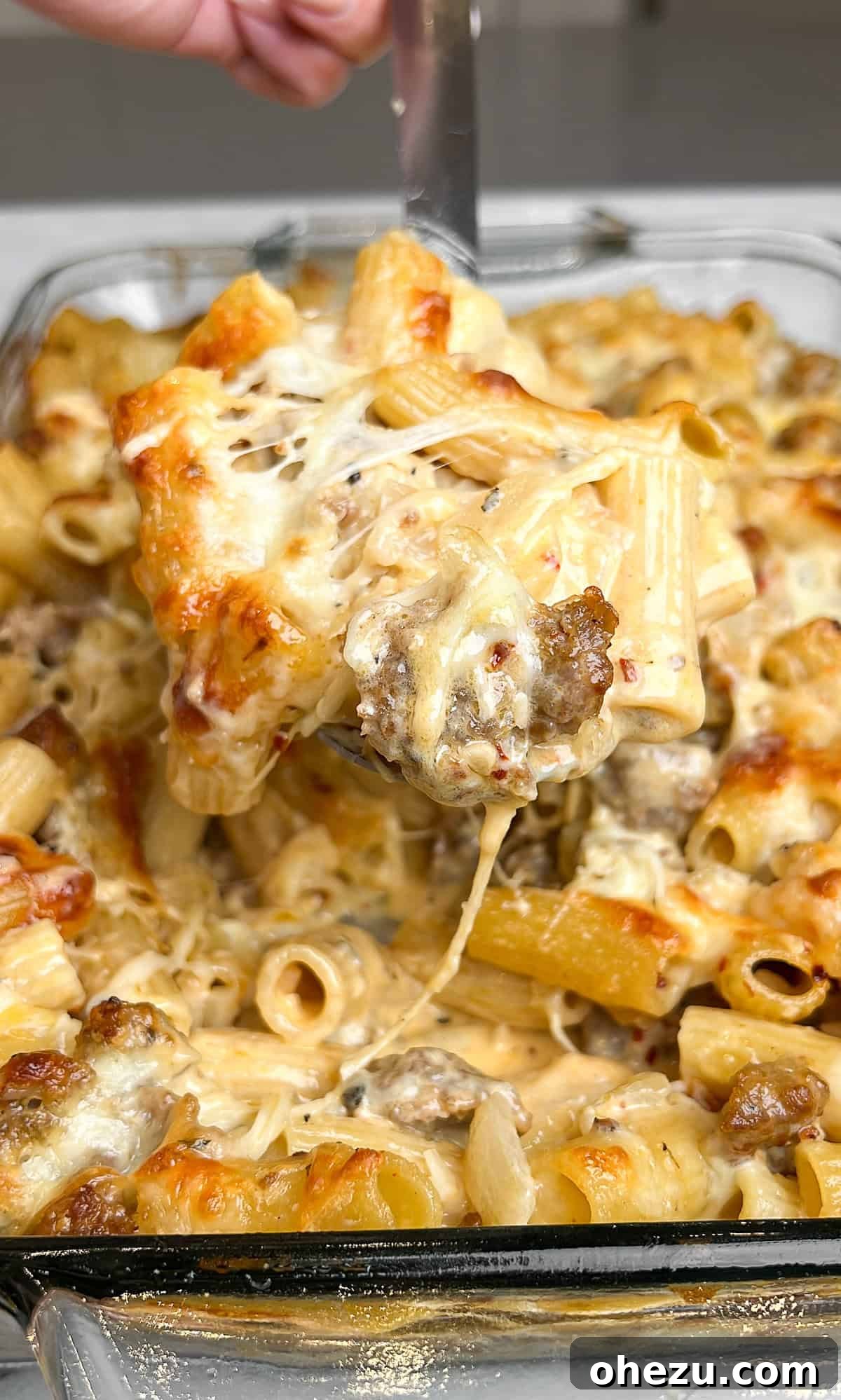 Hearty Creamy Sausage Alfredo Bake 2 sausage alfredo bake dish ready to serve