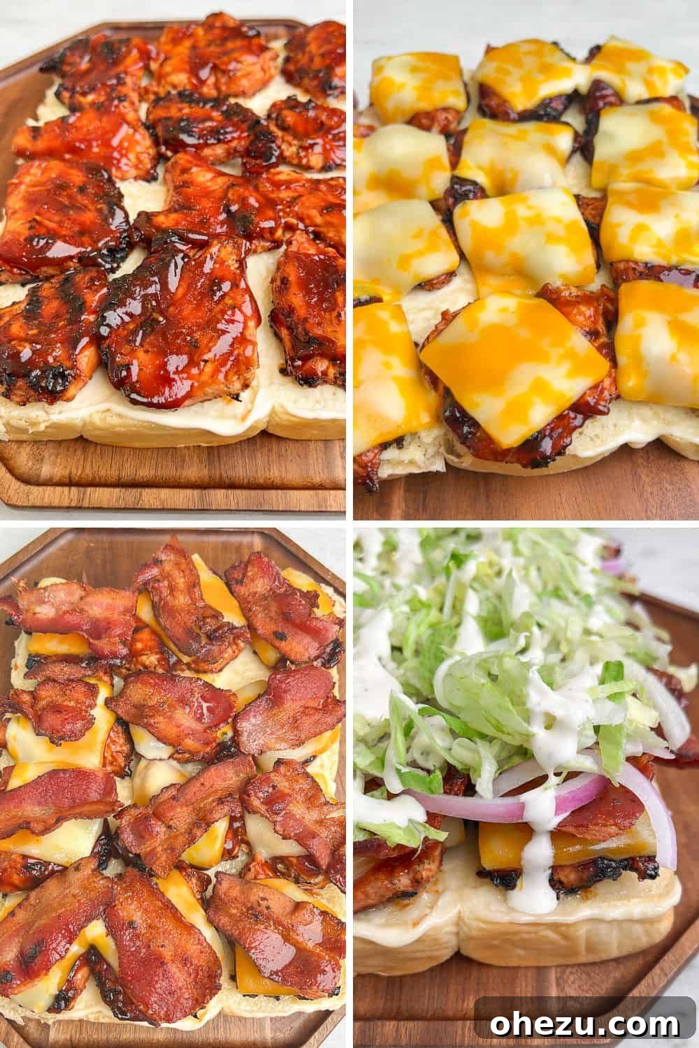 Assembling a tray of BBQ Chicken Sliders, showing the process of adding chicken, cheese, bacon, and fresh vegetables