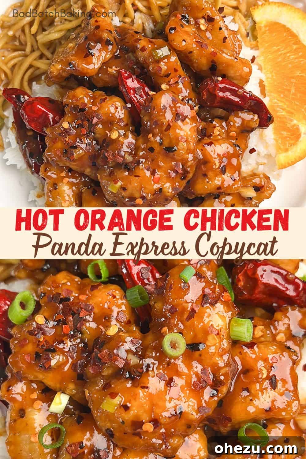 Hot Orange Chicken served in a rustic bowl