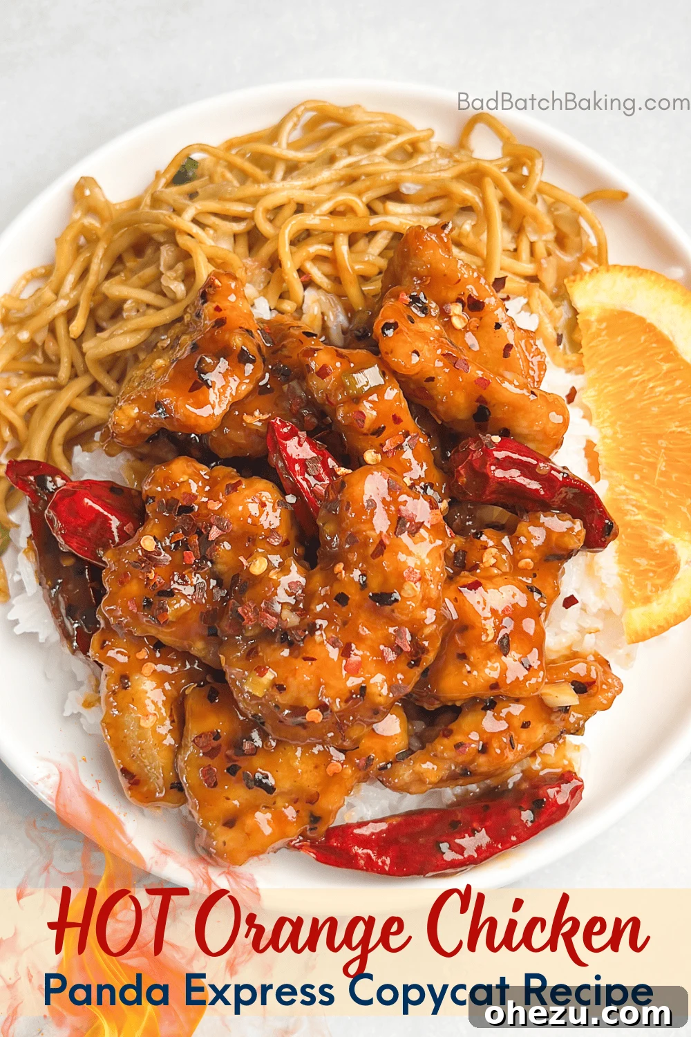 Hot Orange Chicken served with white rice and green onions