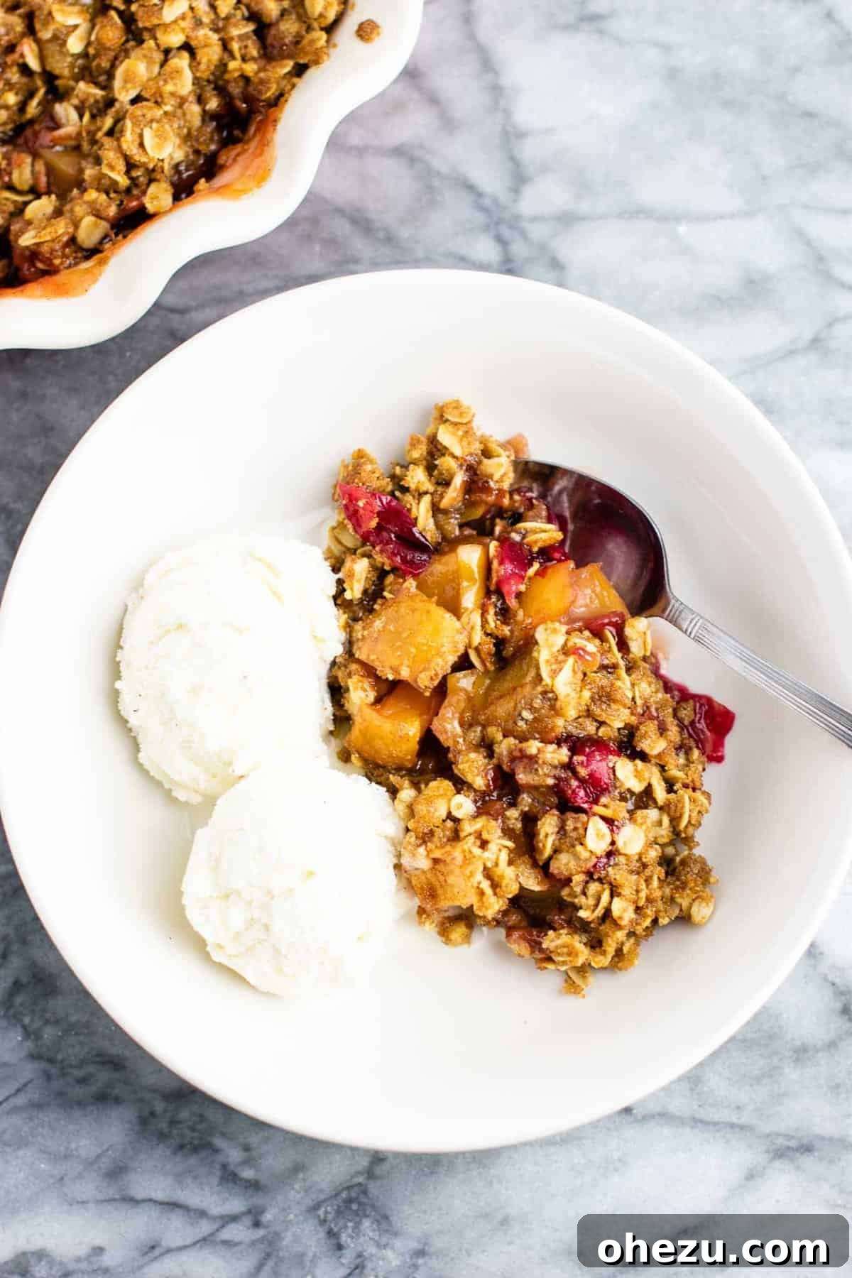 Sweet-Tart Cranberry Apple Crumble 2 Delicious Cranberry Apple Crisp served warm with a scoop of vanilla ice cream, ready to be enjoyed.