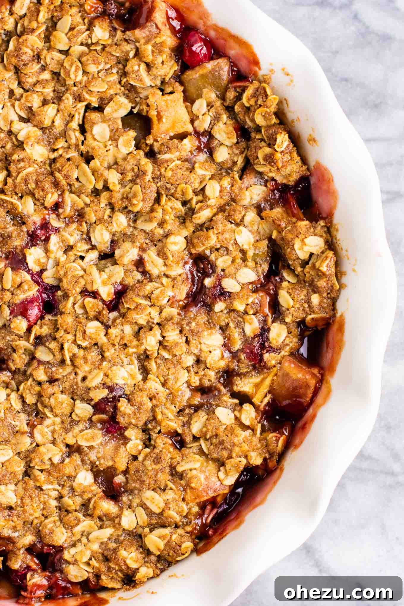 Sweet-Tart Cranberry Apple Crumble 3 Freshly baked Cranberry Apple Crisp presented in a rustic pie dish, showcasing its golden-brown topping and bubbling fruit filling.