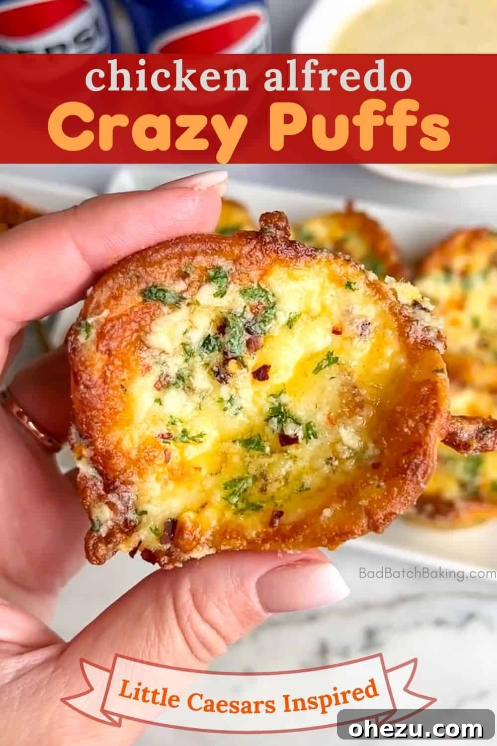 Little Caesars Chicken Alfredo Crazy Puffs 13 Little Caesars Inspired Chicken Alfredo Crazy Puffs on a serving board