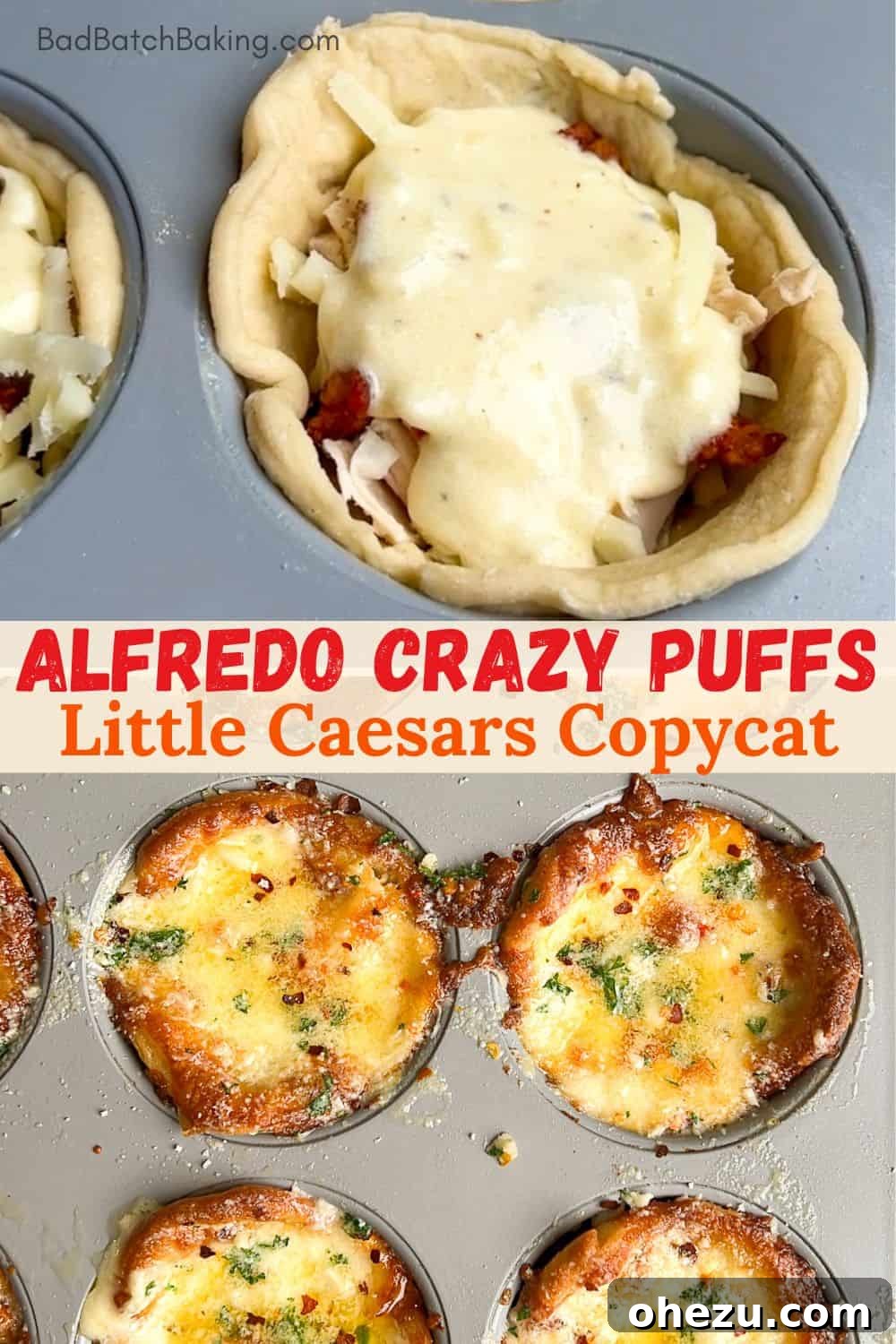 Little Caesars Chicken Alfredo Crazy Puffs 15 Close-up of golden brown Little Caesars Crazy Puffs in a muffin tin