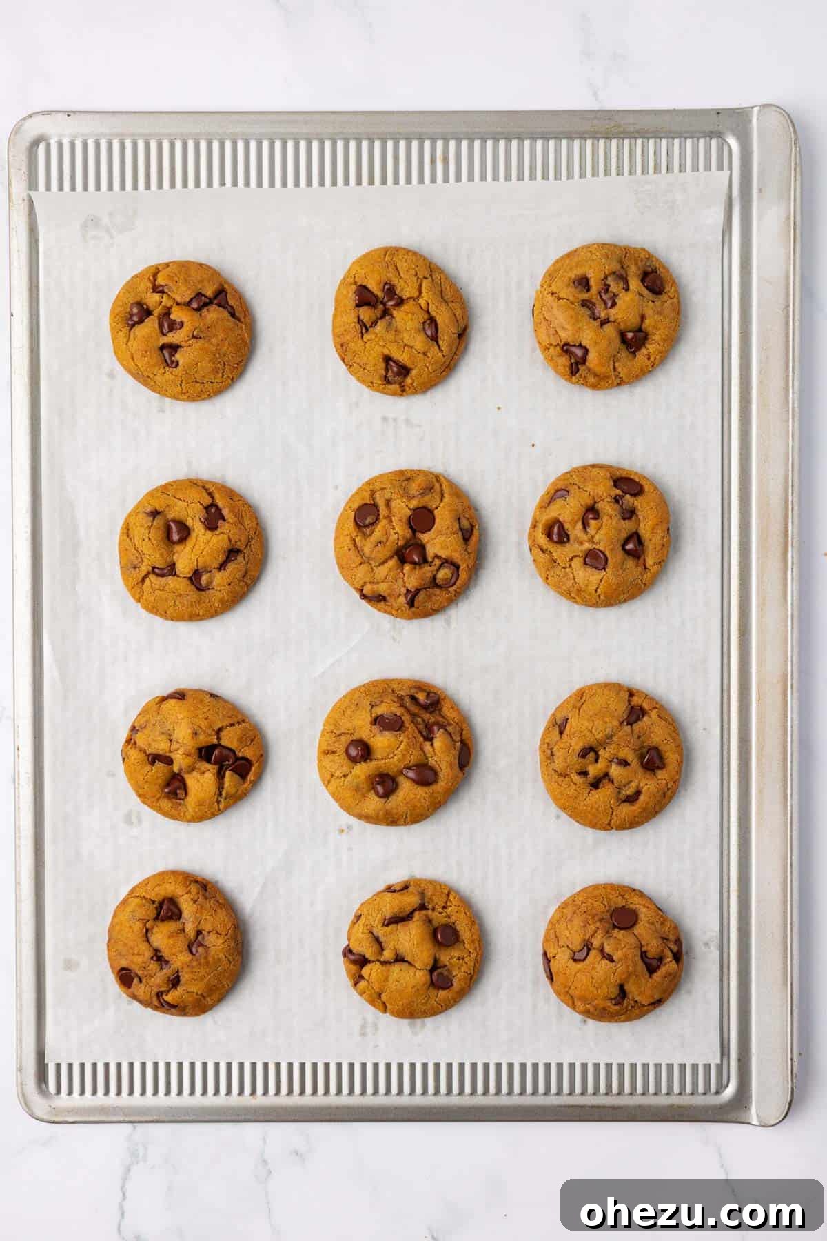 Unbaked vegan pumpkin chocolate chip cookies on a baking sheet
