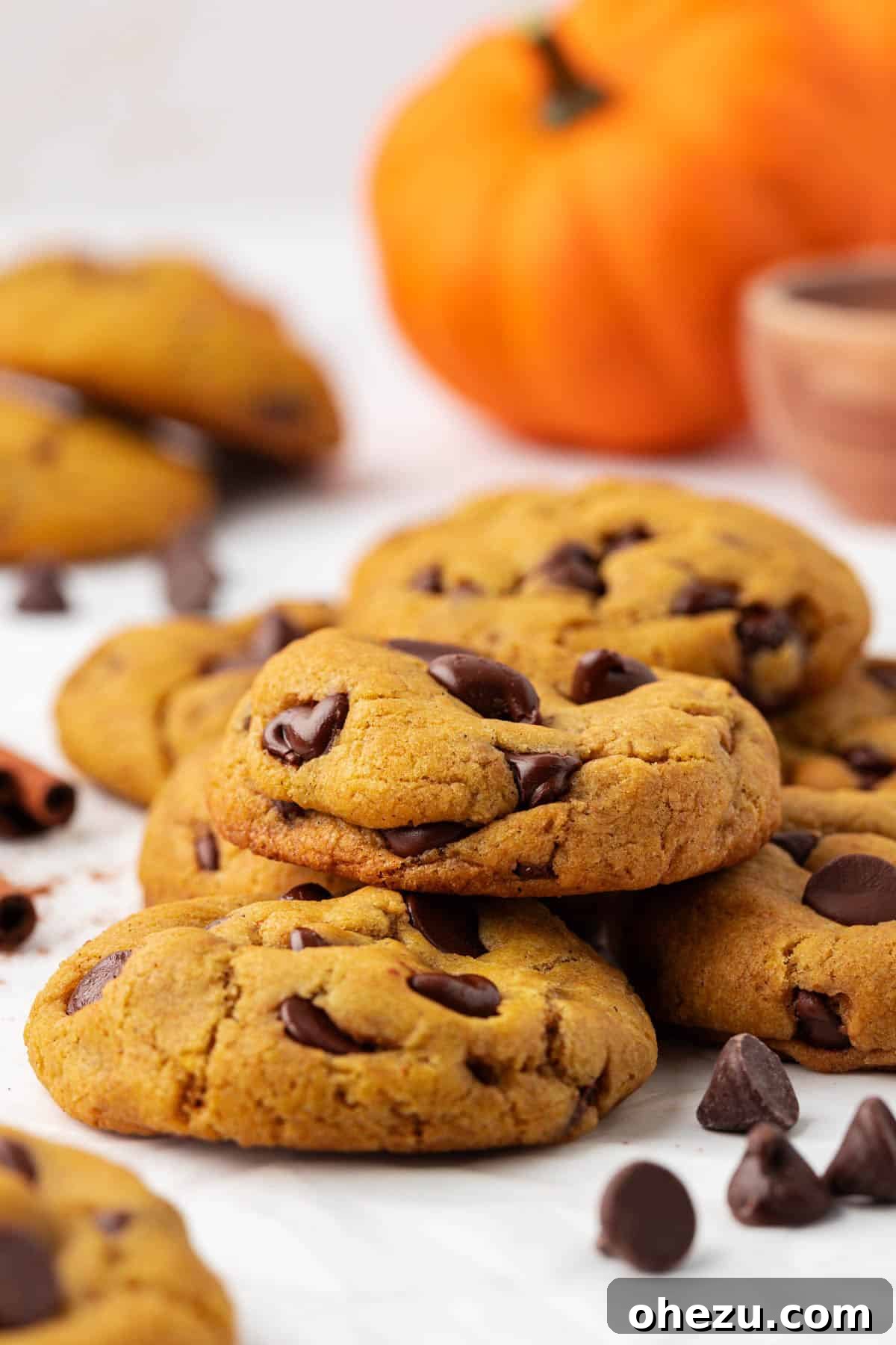Close-up of a stack of vegan pumpkin chocolate chip cookies