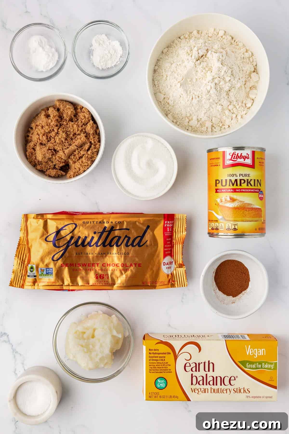All ingredients for vegan pumpkin chocolate chip cookies laid out