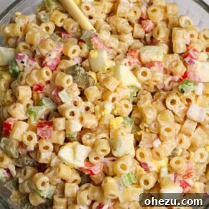 Overhead image of the best macaroni salad.