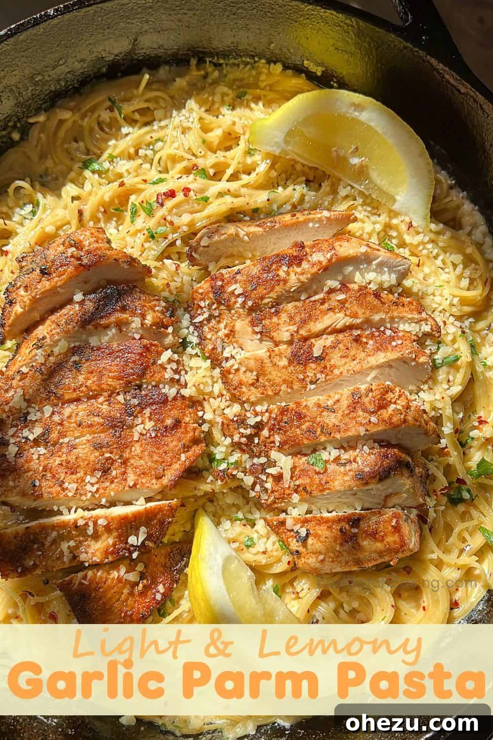 Beautiful close-up of summer pasta with chicken and lemon
