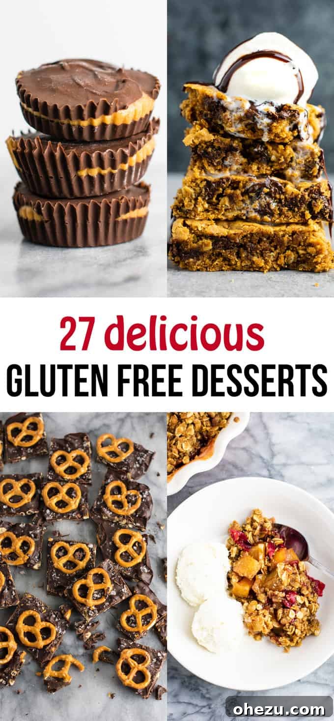 A vibrant collection of 27 delicious gluten-free dessert recipes, showcasing everything from rich cookie bars and creamy fudge to quick no-bake cookies and more. Perfect for any sweet craving!