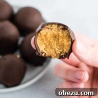 A perfectly formed healthy no-bake peanut butter truffle, showcasing its rich, chocolatey coating and smooth interior. These truffles are vegan, gluten-free, and taste like classic buckeyes.