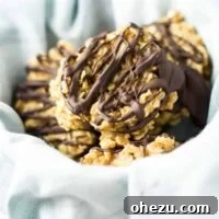 A batch of healthy peanut butter no-bake cookies, showcasing their chewy texture and delicious appeal. These cookies are also vegan.