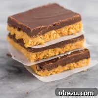 A stack of no-bake chocolate peanut butter bars separated by wax paper, showcasing their layered appearance. These bars are a gluten-free and vegan classic dessert.