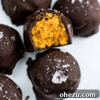 A plate of decadent dark chocolate pumpkin truffles, ready to be enjoyed. These truffles are gluten-free and vegan, made with smooth coconut flour.