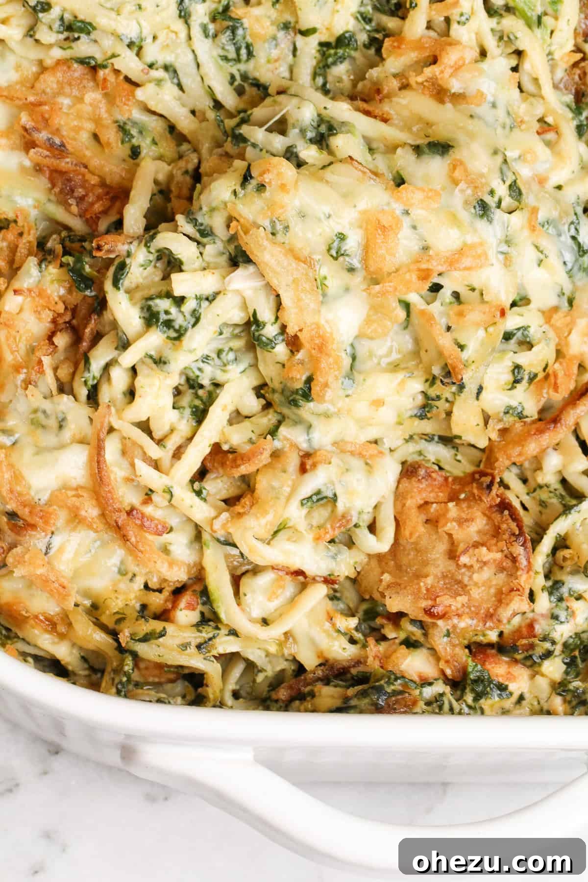 Creamy Monterey Chicken Spaghetti Bake with crispy fried onions