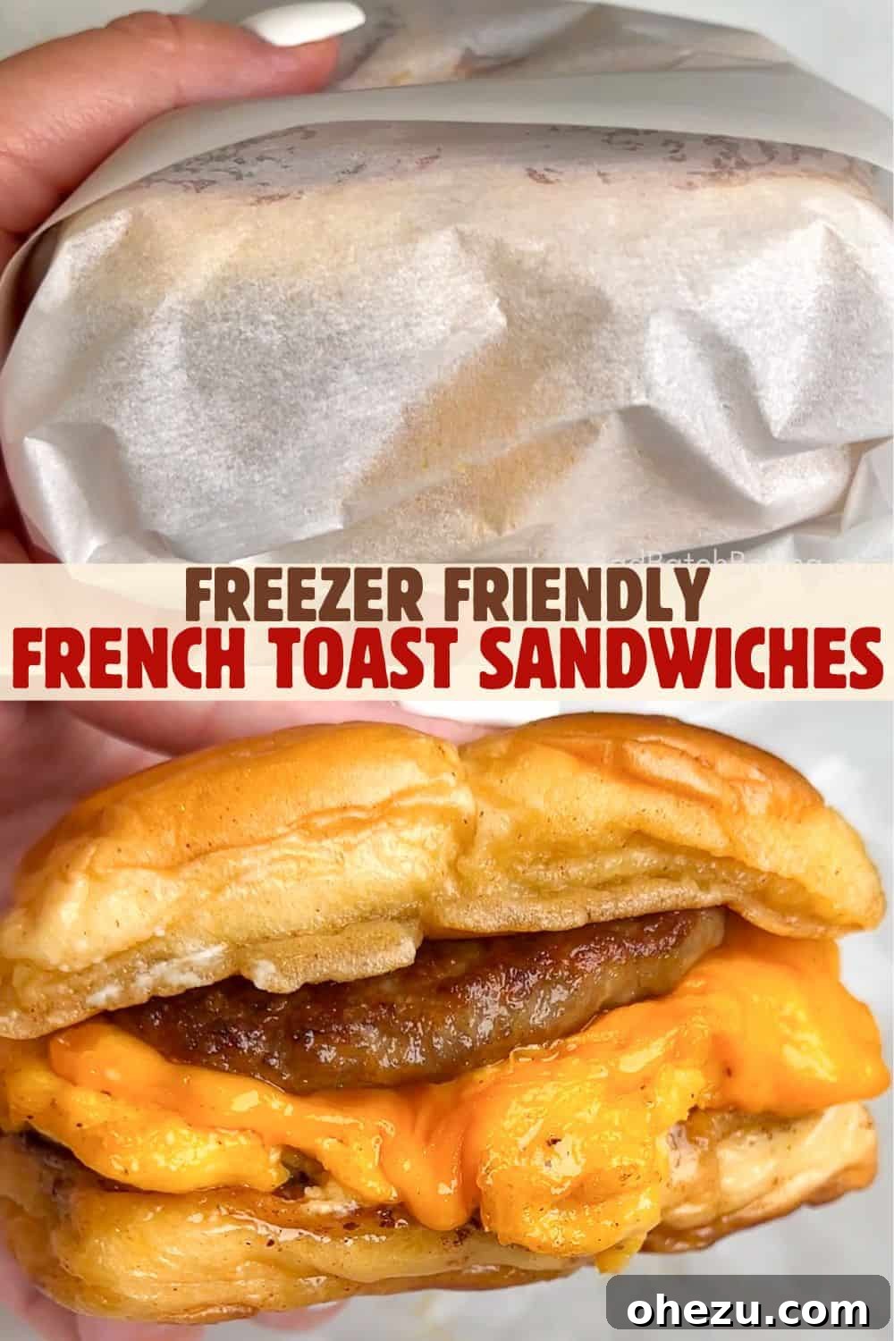 Freezer-friendly French toast sandwiches wrapped for storage