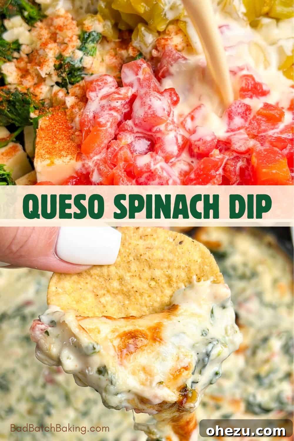 Close-up of creamy Queso Spinach Dip in a skillet, showcasing the cheesy texture