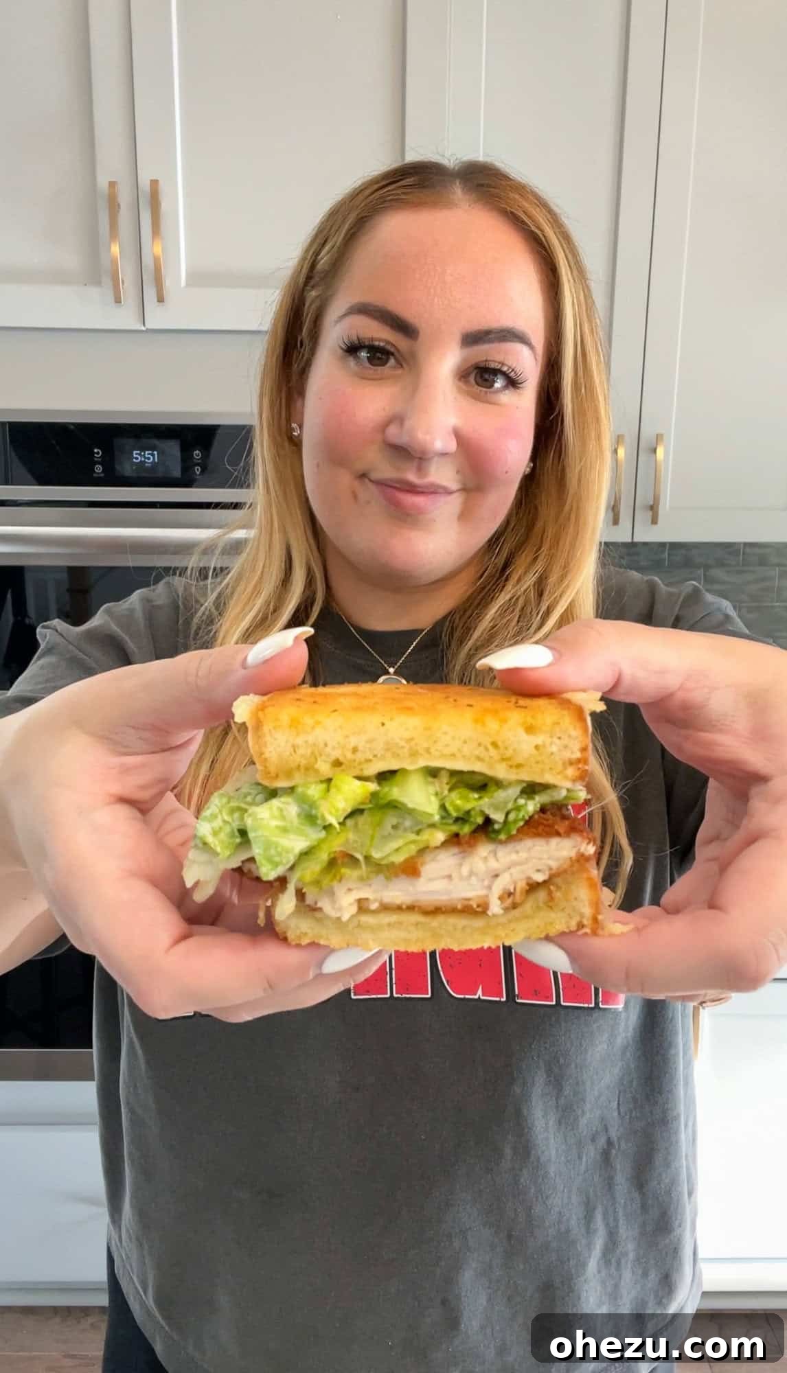 Two halves of a delicious Chicken Caesar Salad Sandwich