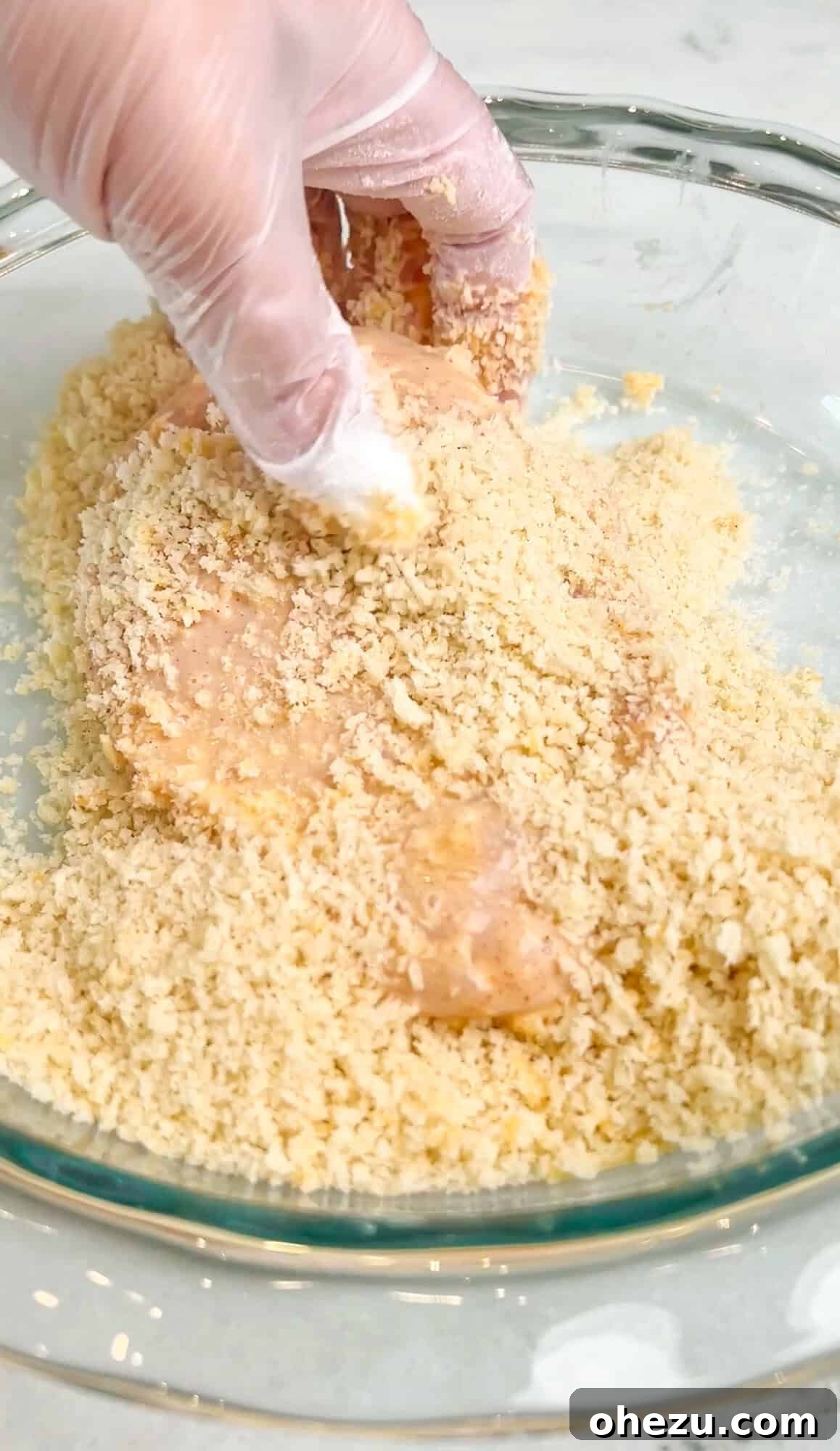 Breading station for chicken with flour, egg wash, and panko