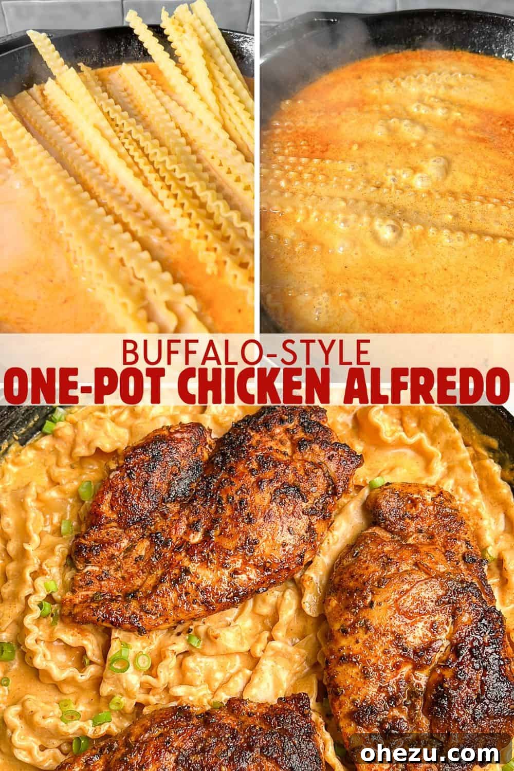 Beautifully presented one-pot buffalo chicken alfredo, ready to be served