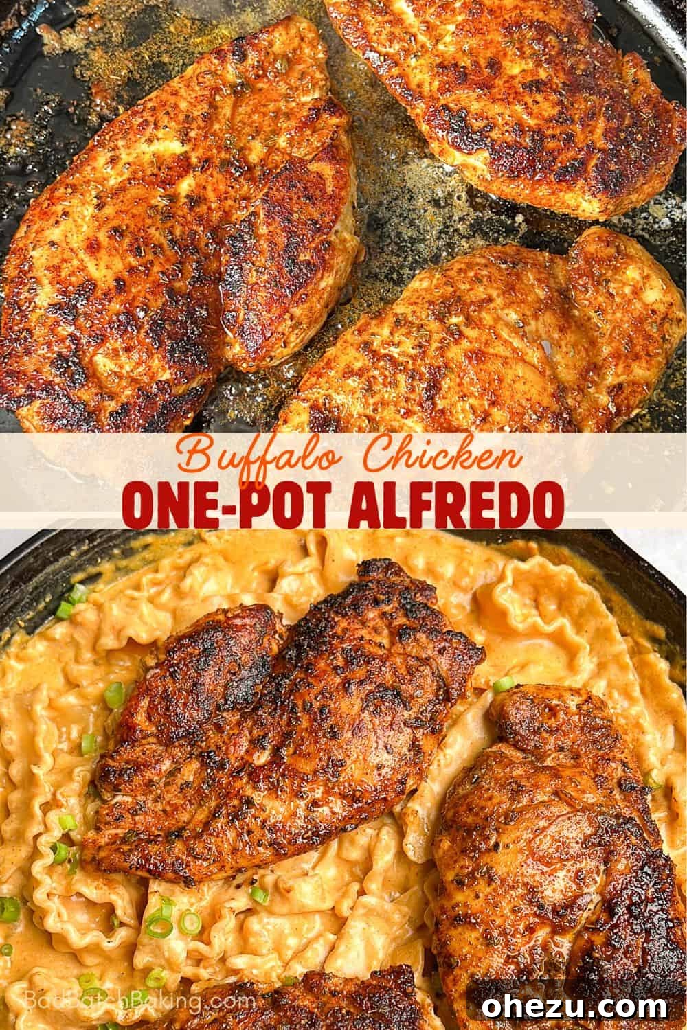 Assortment of fresh ingredients for buffalo chicken alfredo including chicken, pasta, spices, and sauces