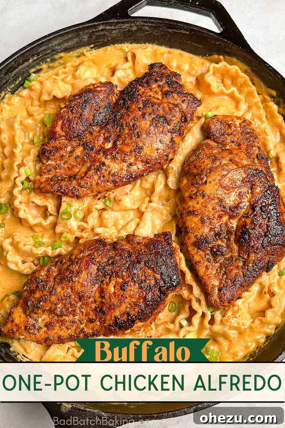 A delicious individual serving of one-pot buffalo chicken alfredo in a white bowl