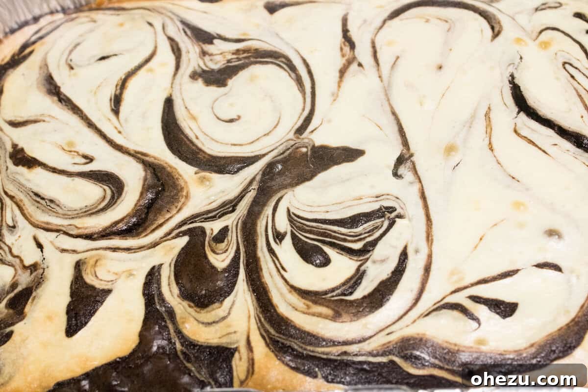 Freshly baked Marbled Chewy Chocolatey Cheesecake Brownies cooling on a rack