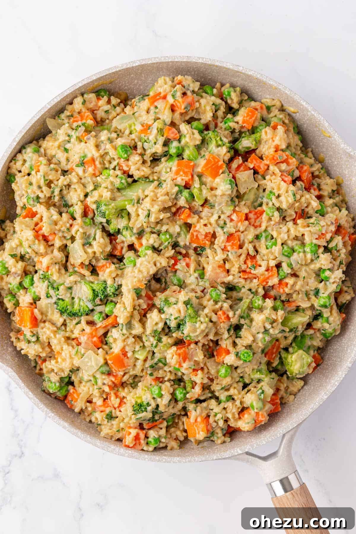 Hearty Vegetable Rice Bake 12 The fully mixed vegetable rice casserole filling, ready for baking