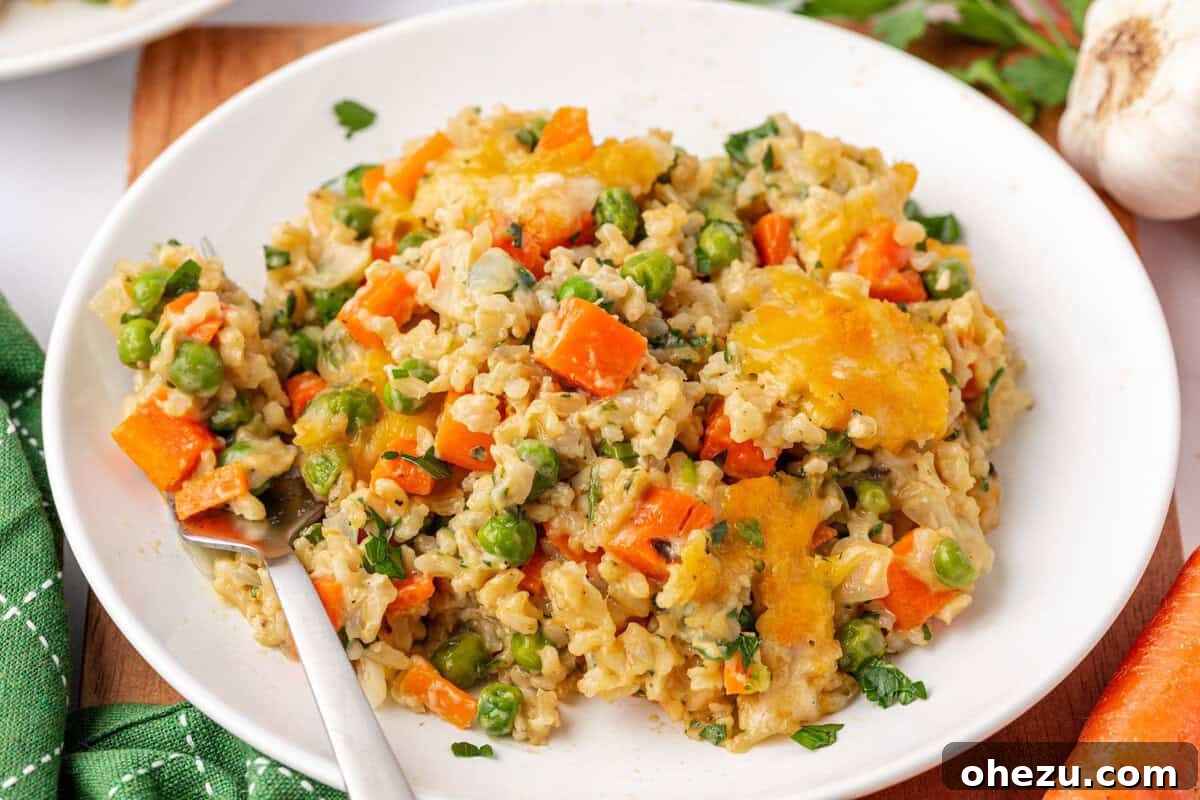 Hearty Vegetable Rice Bake 17 An overhead view of the full vegetable rice casserole in a large baking dish, ready for serving