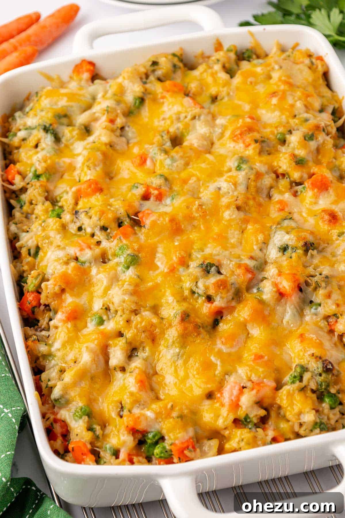 Hearty Vegetable Rice Bake 3 Close-up of the creamy, cheesy texture of the vegetable rice casserole