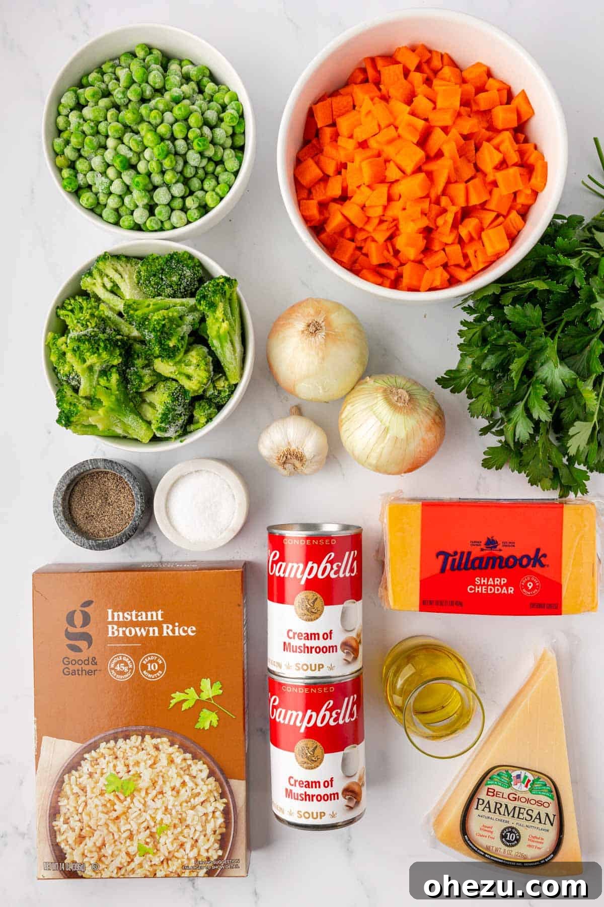 Hearty Vegetable Rice Bake 4 A vibrant selection of fresh and frozen ingredients for vegetable rice casserole