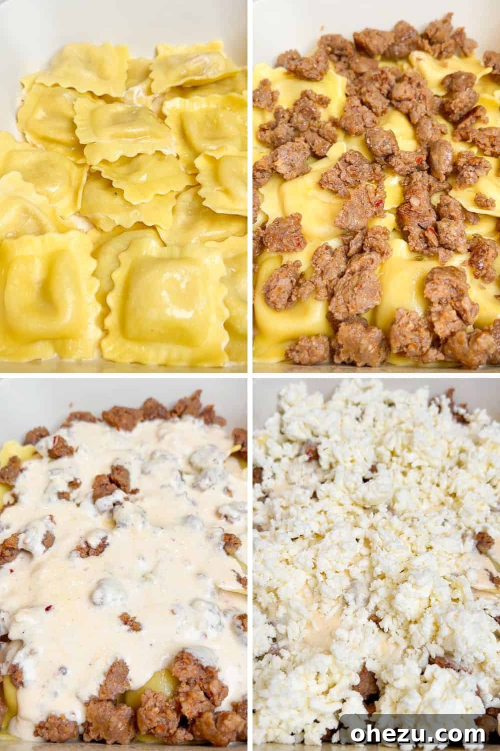 A casserole dish filled with unbaked Alfredo Ravioli Lasagna, showing the layered ingredients before baking.