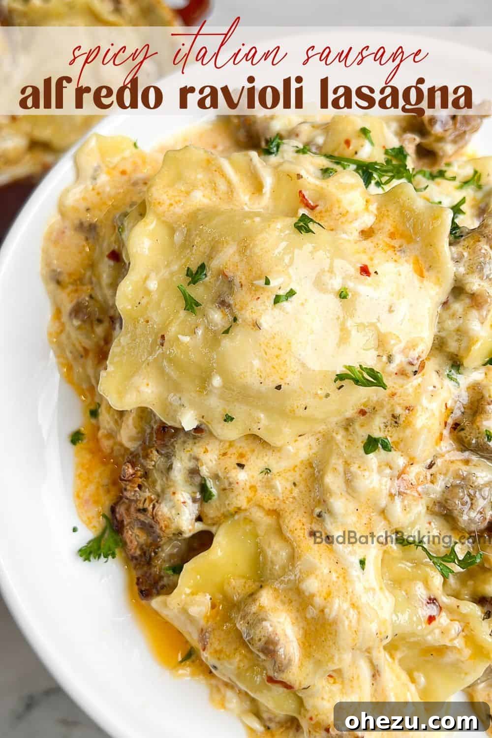 A close-up of the delicious layers within the Alfredo Ravioli Lasagna.