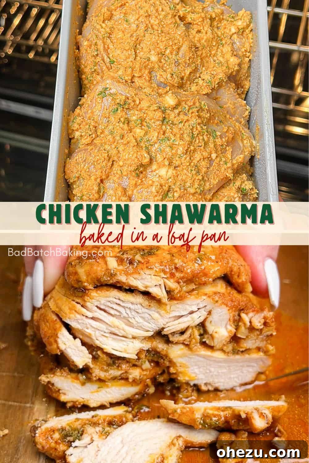 Beautifully plated chicken shawarma in a loaf pan, ready to be served, with fresh herbs and garnishes