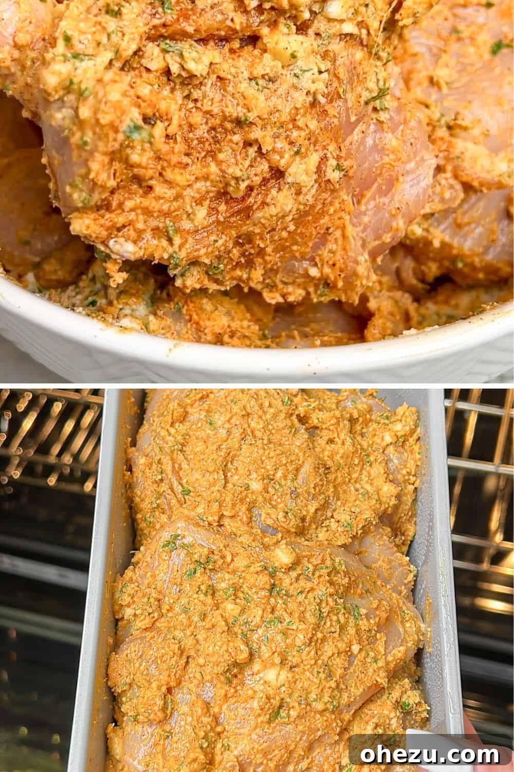 Chicken fully coated in marinade in a bowl