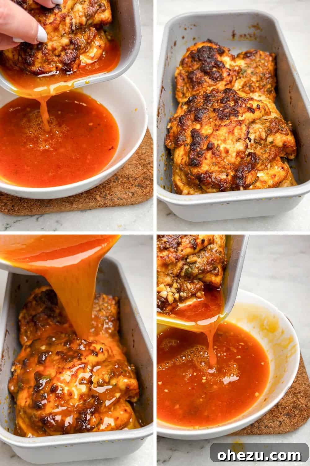 Oven-baked chicken shawarma cooling in a loaf pan with juices