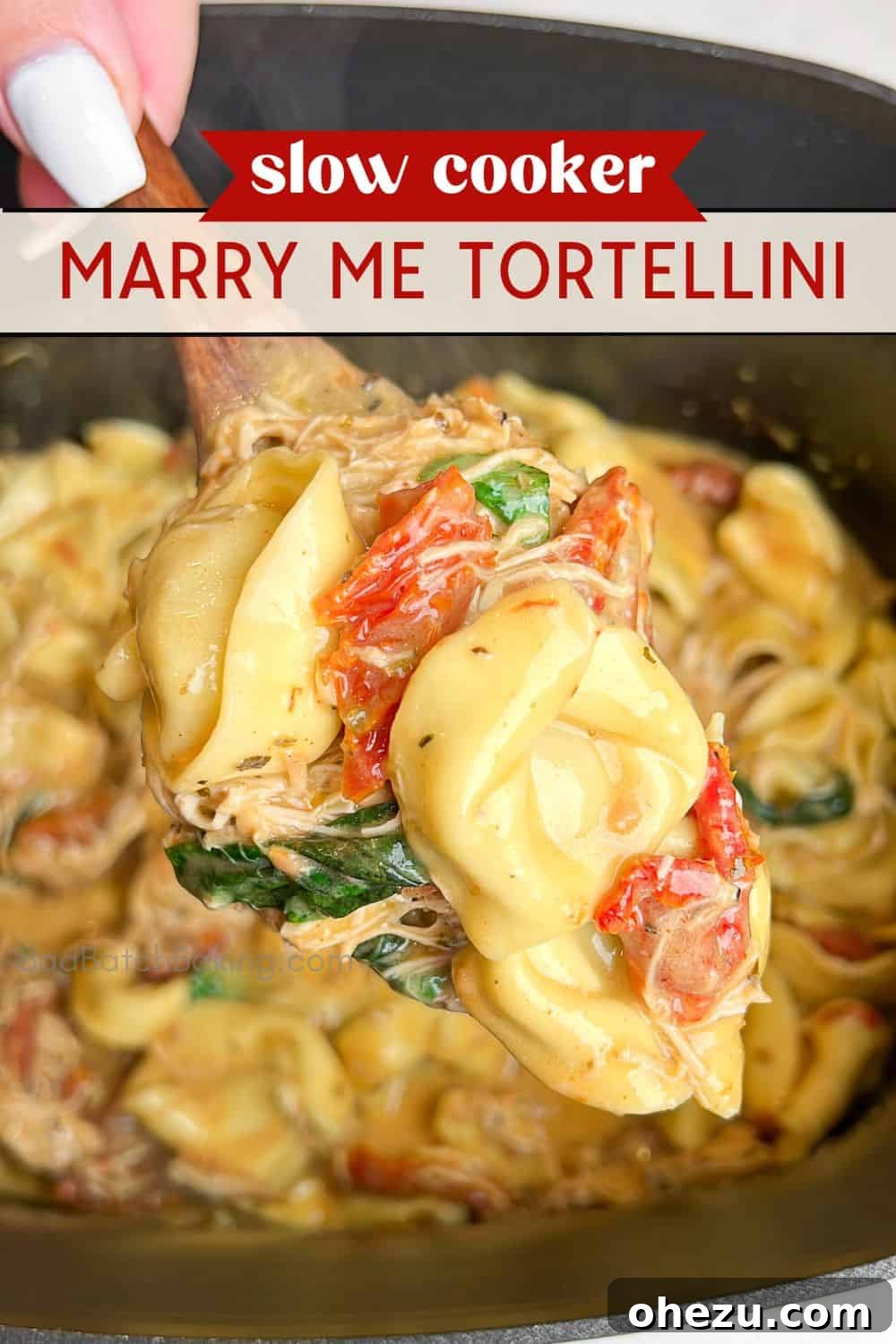 Overhead shot of Slow Cooker Marry Me Tortellini in a serving dish
