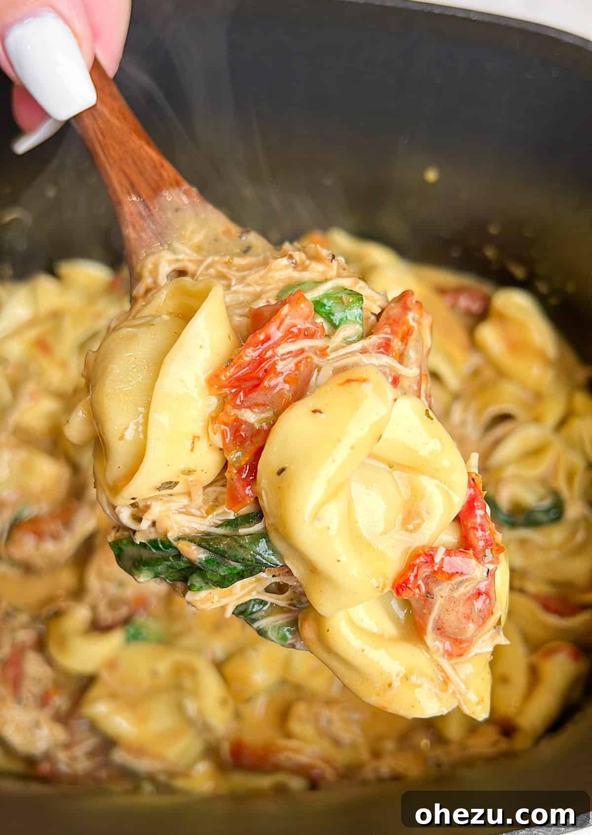 Bowl of Slow Cooker Marry Me Tortellini garnished with fresh basil